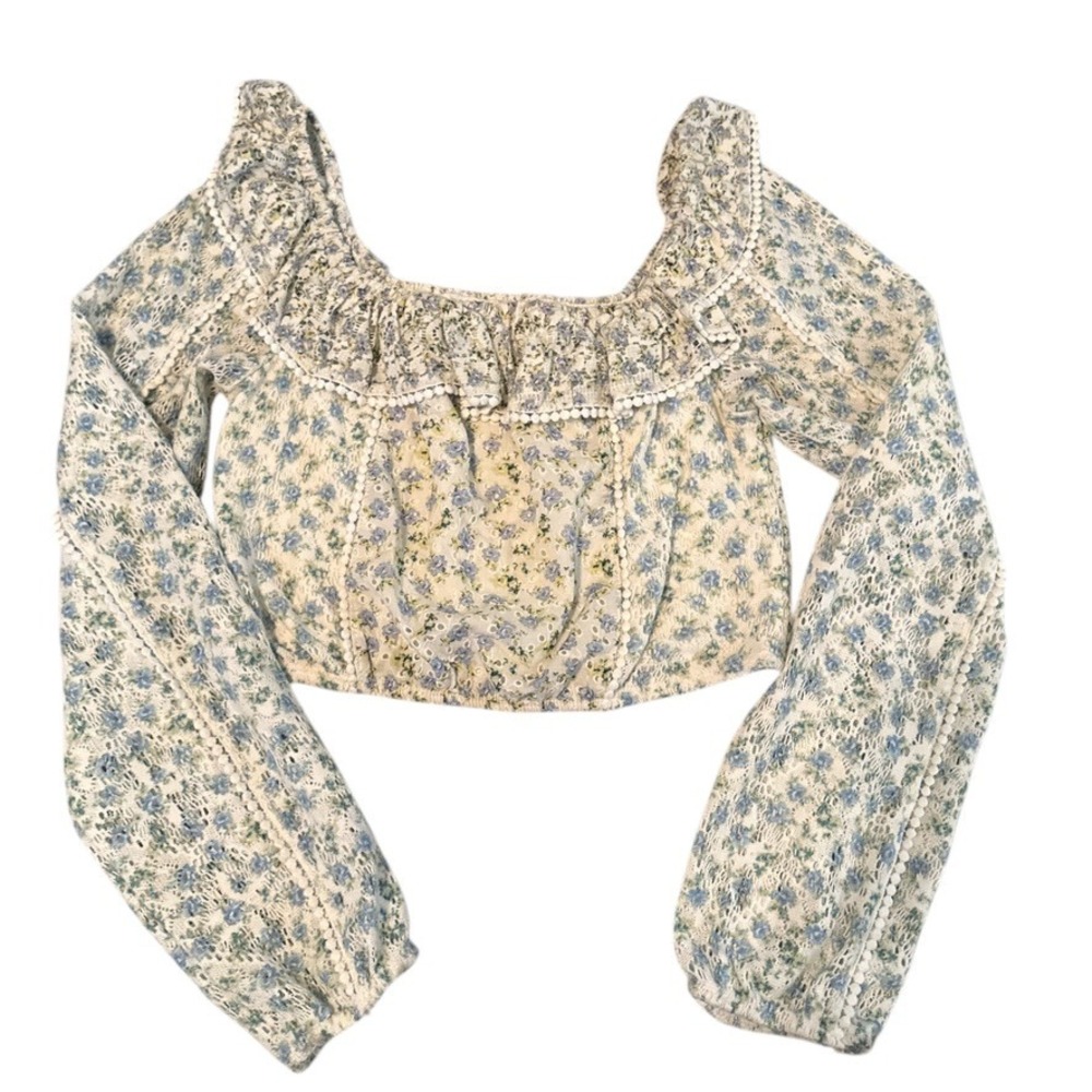 House of Harlow 1960 Square Neck Crop Top Balloon Sleeve‎ Women's S Cottage